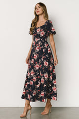 Greta Pleated Maxi Dress | Navy + Pink Floral