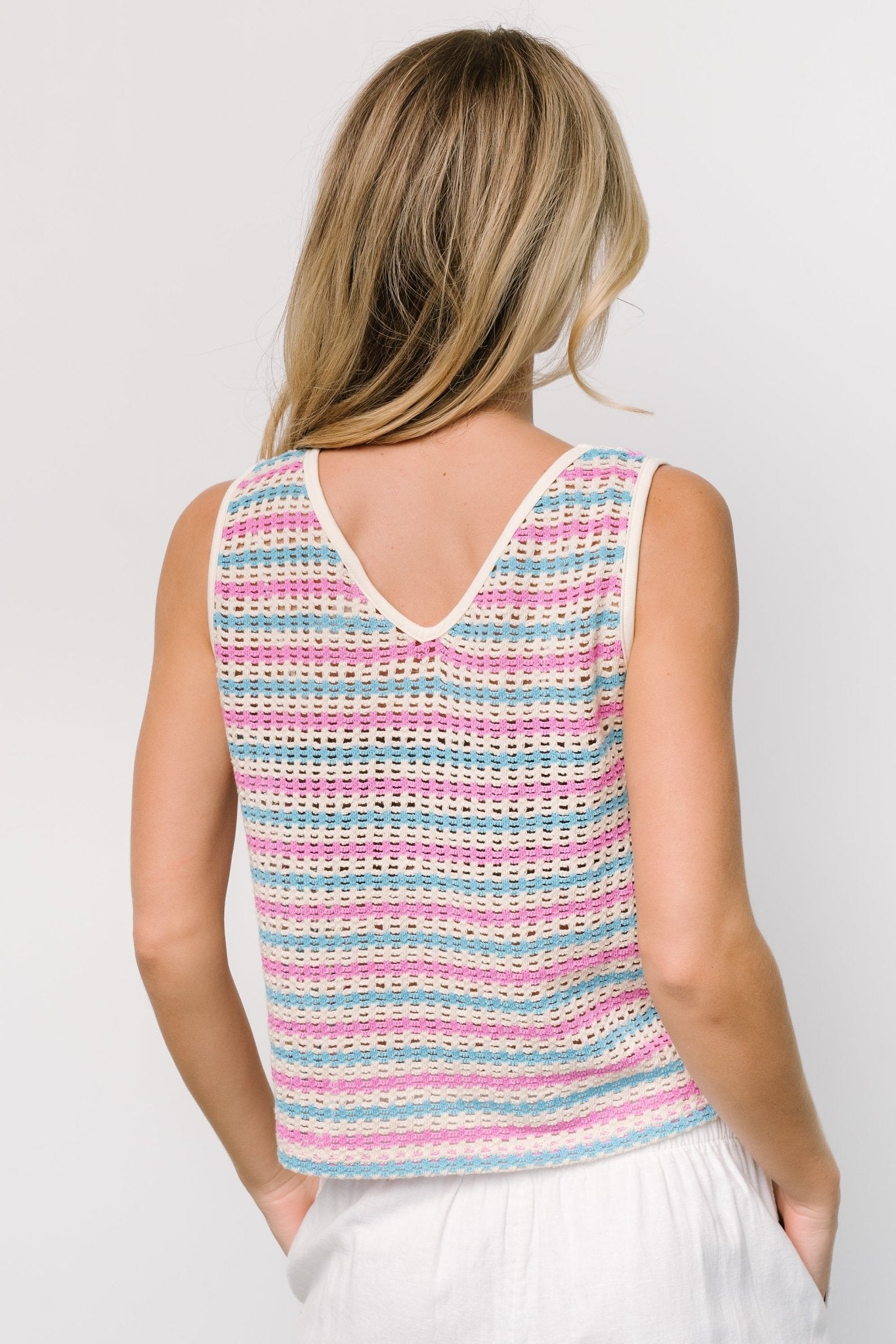 Mirella Open Knit Top | Blue + Pink Stripe